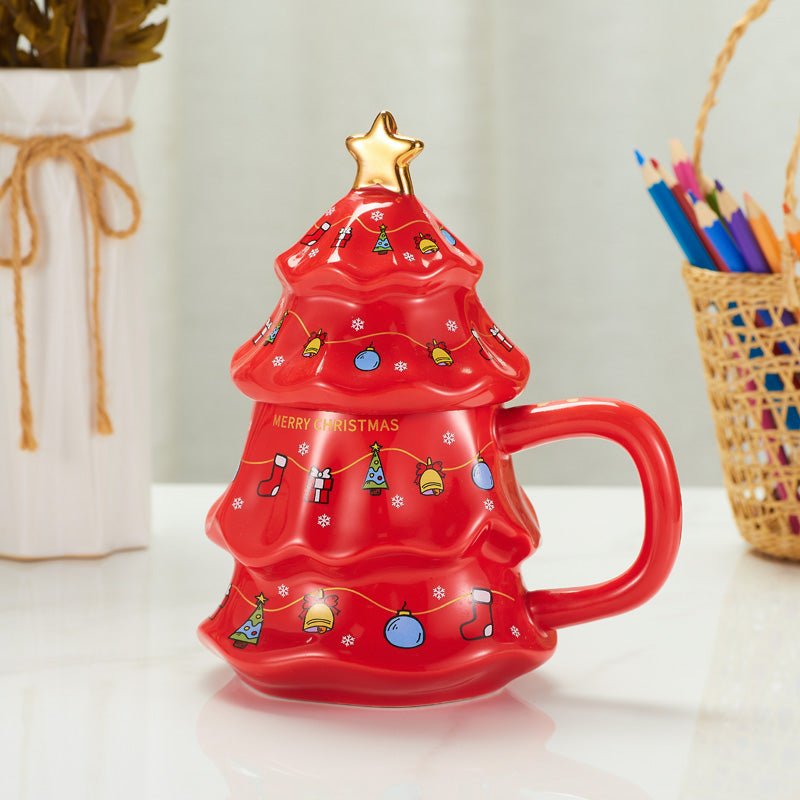 Christmas Tree Shaped Ceramic Mug with Lid - Displayed on a Table