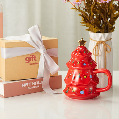 Christmas Tree Shaped Ceramic Mug with Lid gift set