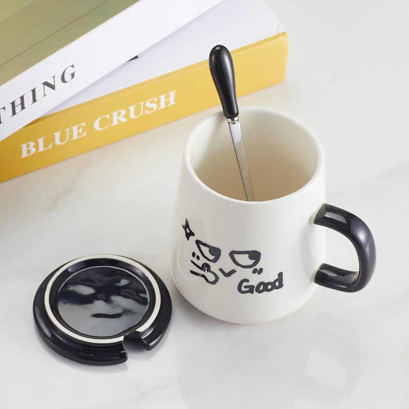 Funny Emoji Ceramic White Coffee Mug Set With Lid and Spoon top view