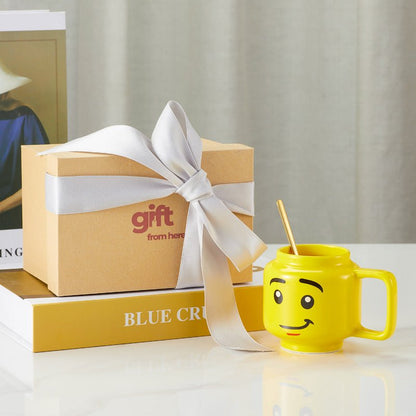 Smiling Face Fun Yellow Mug with Lid and Spoon Gift Set