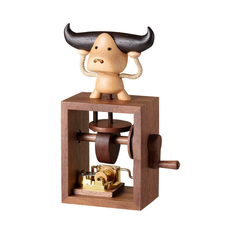 Handcrafted Cute Bull Figurine Hand Crank Wooden Music Box - Gift From Here