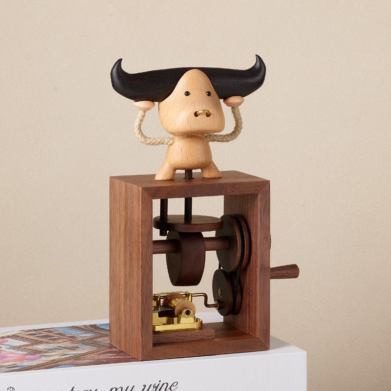 Handcrafted Cute Bull Figurine Hand Crank Wooden Music Box - Gift From Here