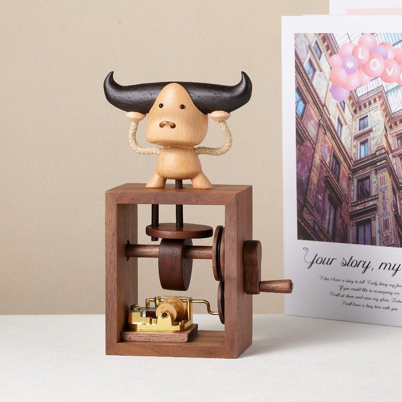 Handcrafted Cute Bull Figurine Hand Crank Wooden Music Box - Gift From Here